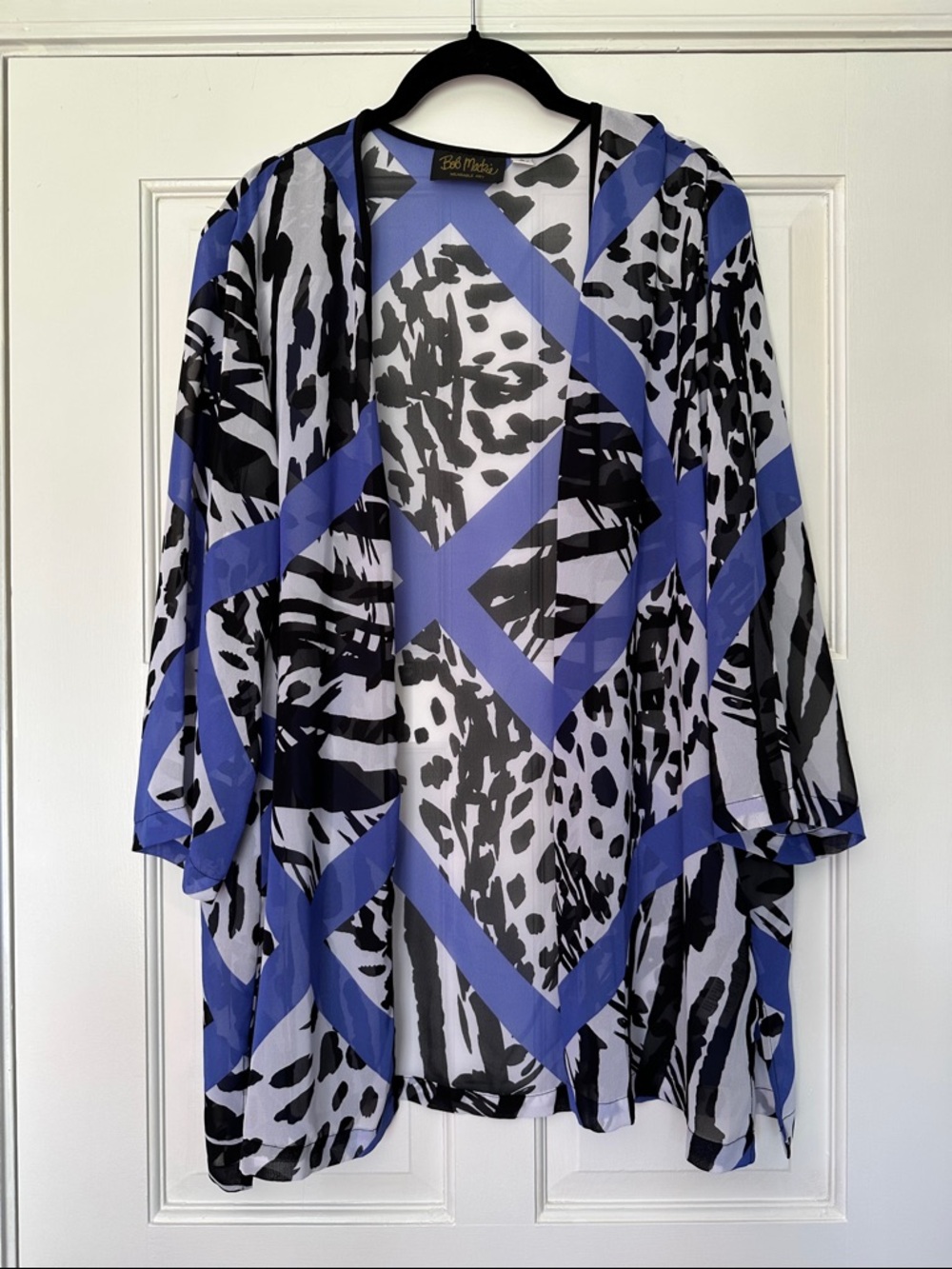 Bob Mackie Wearable Art Blue Geometric Animal Print Sheer Open Front Duster